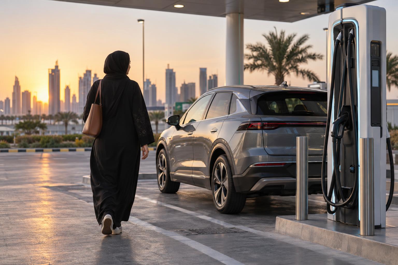 A driver walks back to an electric crossover after charging at a Qatar fuel station.