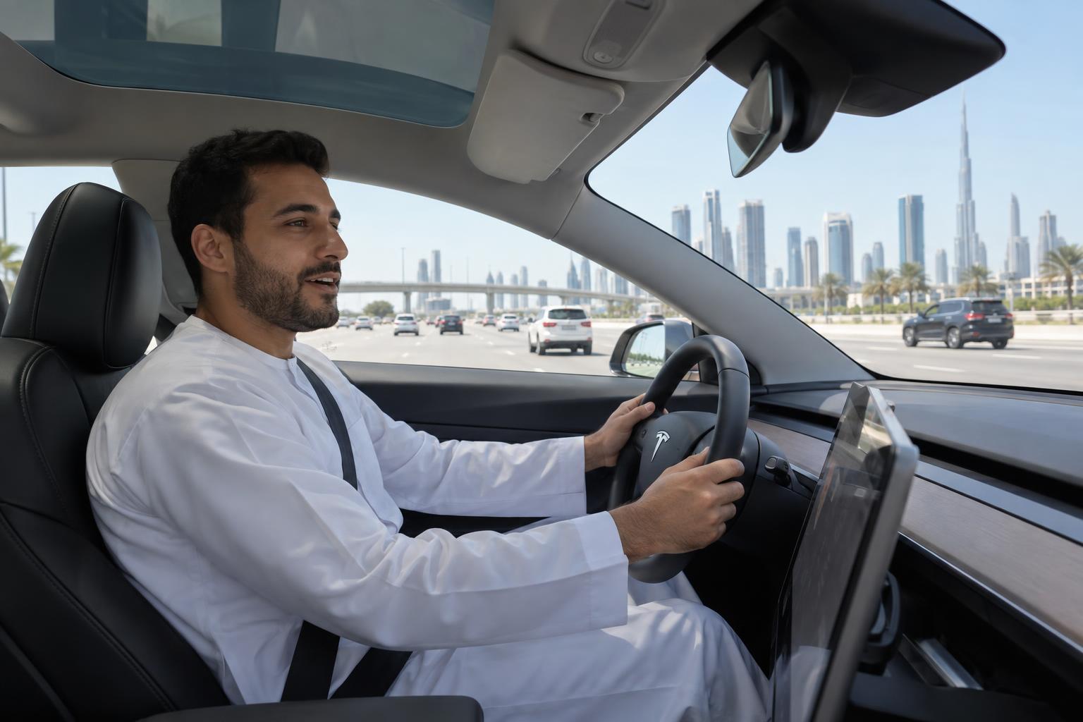 Driver speaking hands-free inside a Tesla Model 3 on a UAE highway.