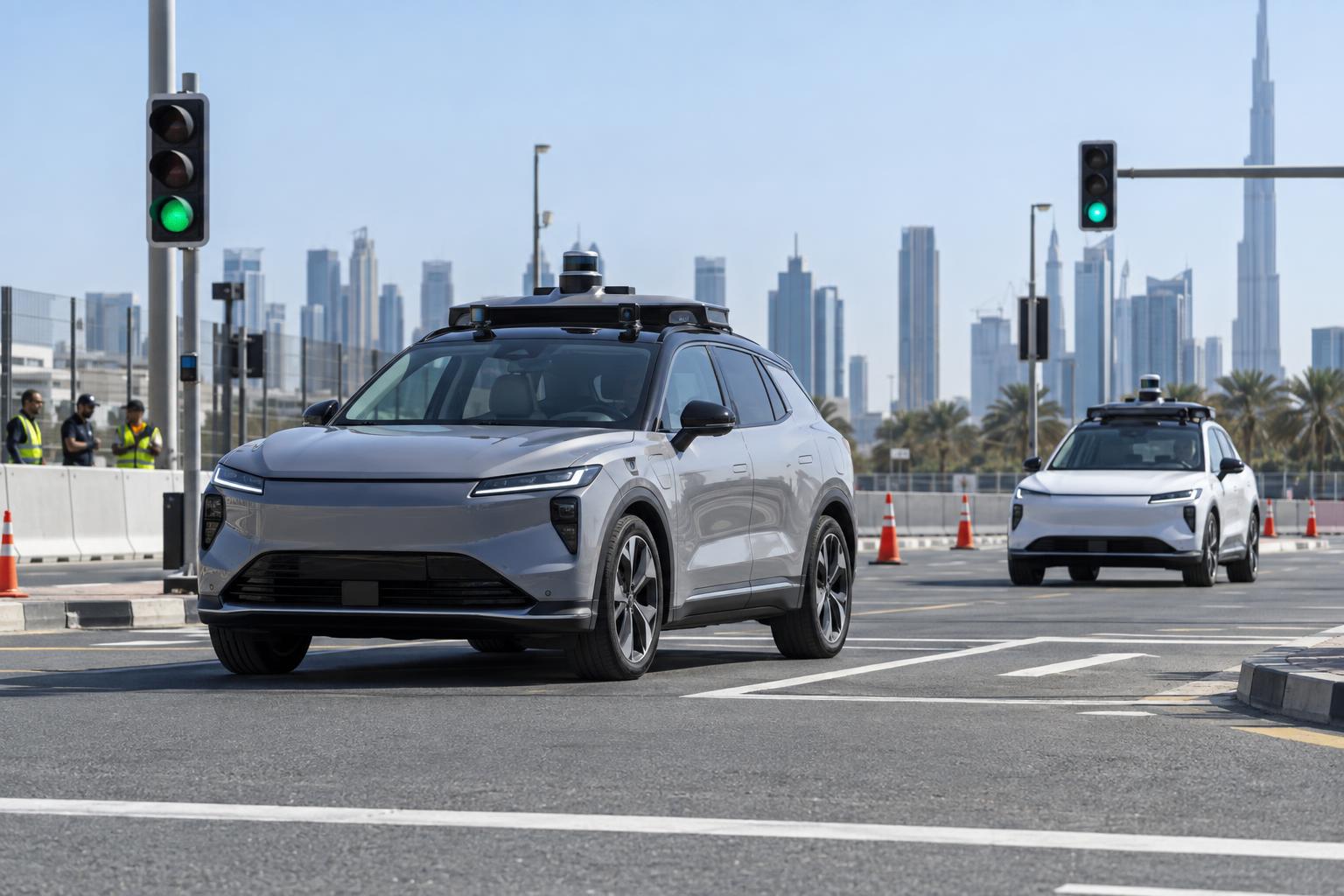 Autonomous vehicles undergo controlled testing at a closed urban-style mobility track.