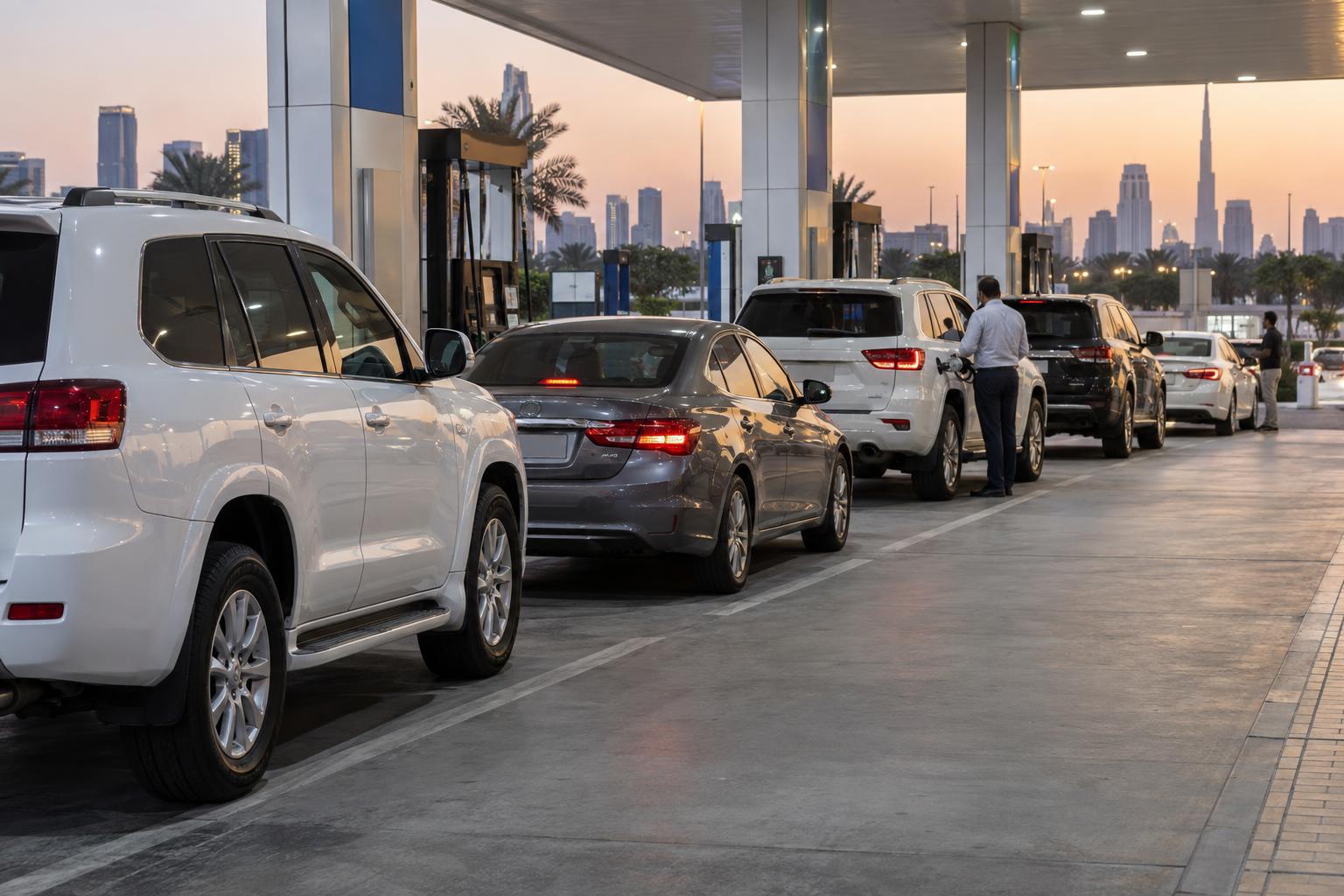 Cars wait in an orderly queue at a UAE petrol station in the evening.