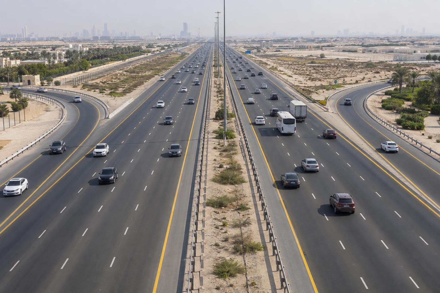 An elevated view of a divided Abu Dhabi motorway carrying traffic in both directions.