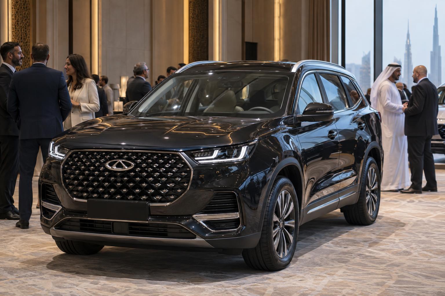 Delegates gather around a Chery SUV in a Dubai automotive conference venue.