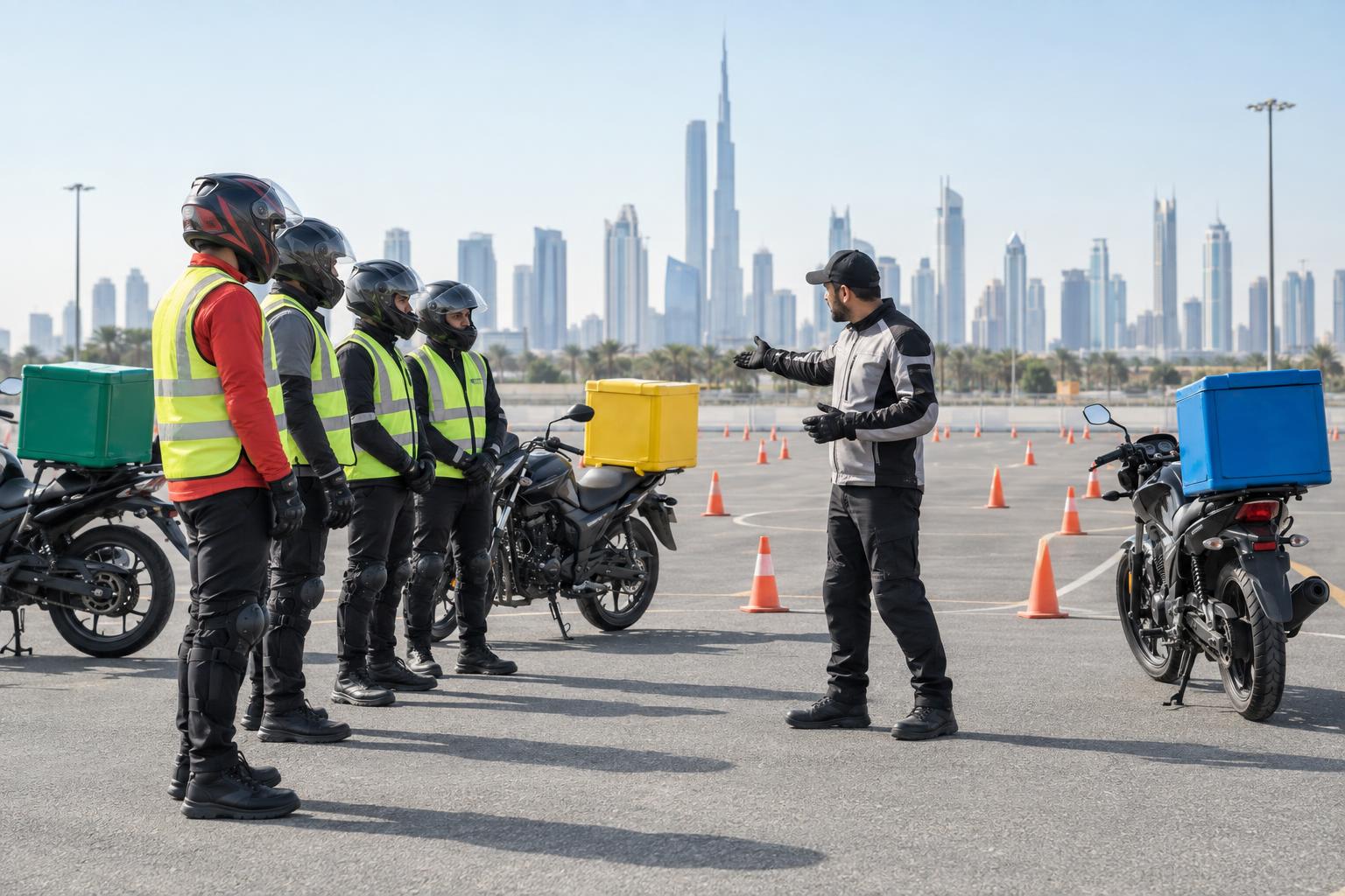 Motorcycle delivery riders receive a safety briefing at a training course in Dubai.