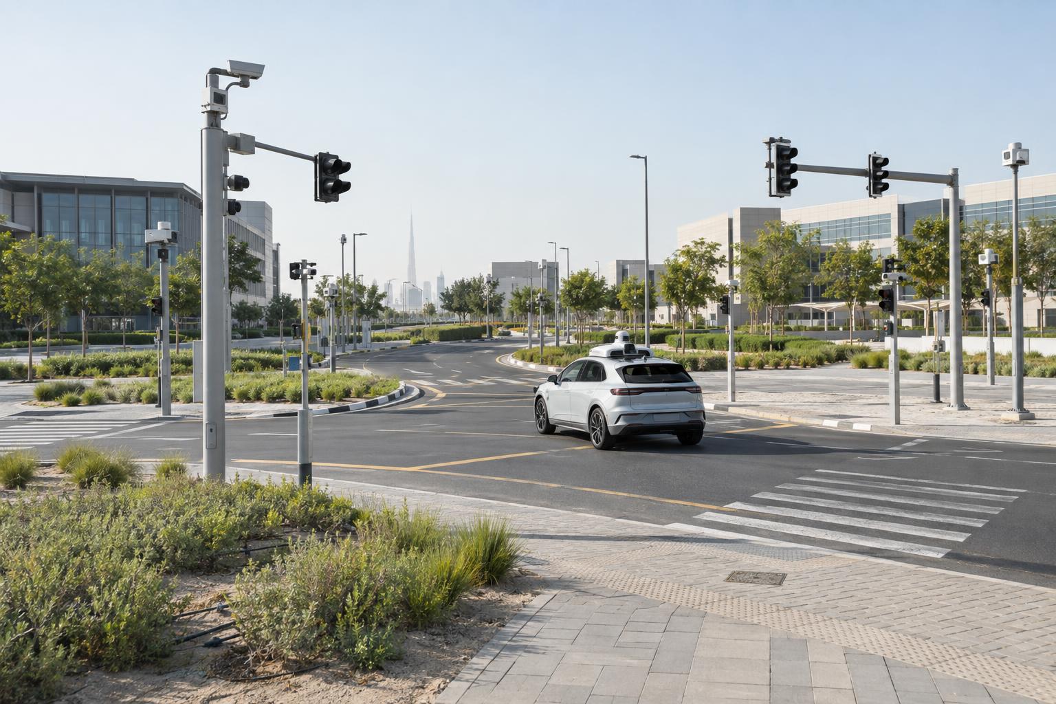 Controlled test-road infrastructure beside modern buildings at a Dubai Silicon Oasis mobility campus.