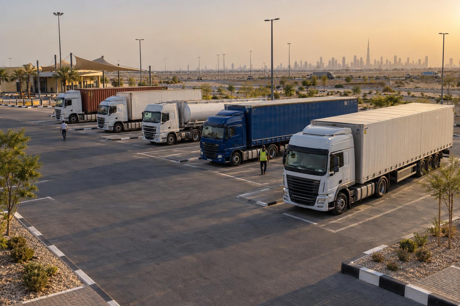 Freight trucks parked in marked bays at a Dubai rest area.