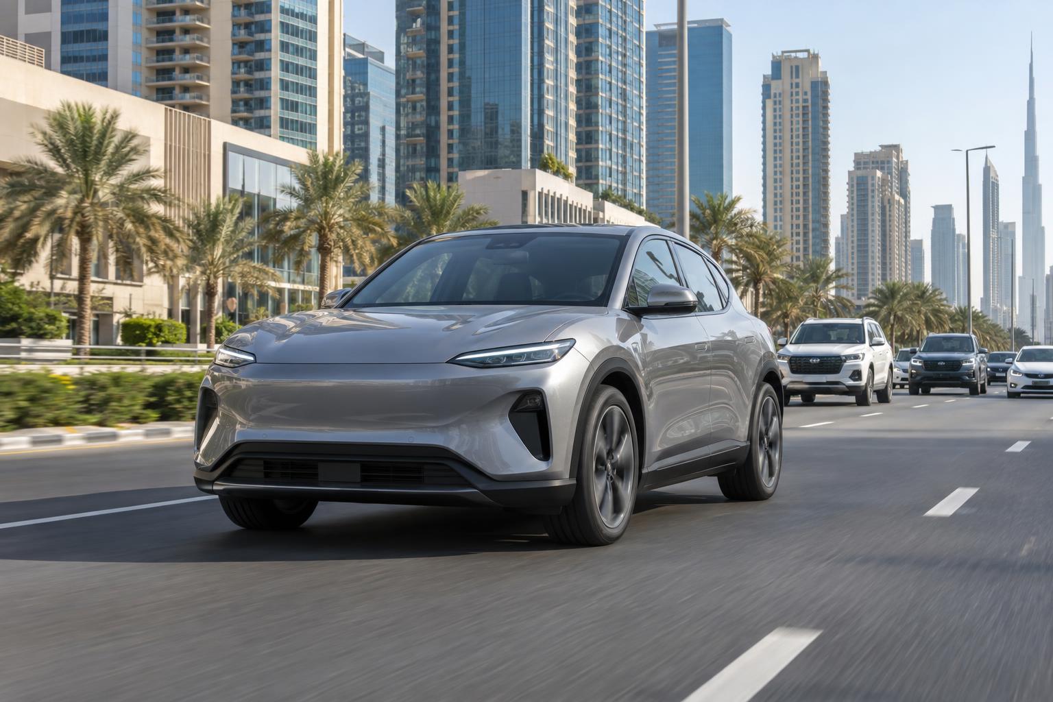 An electric crossover driving with everyday traffic on a UAE city boulevard.
