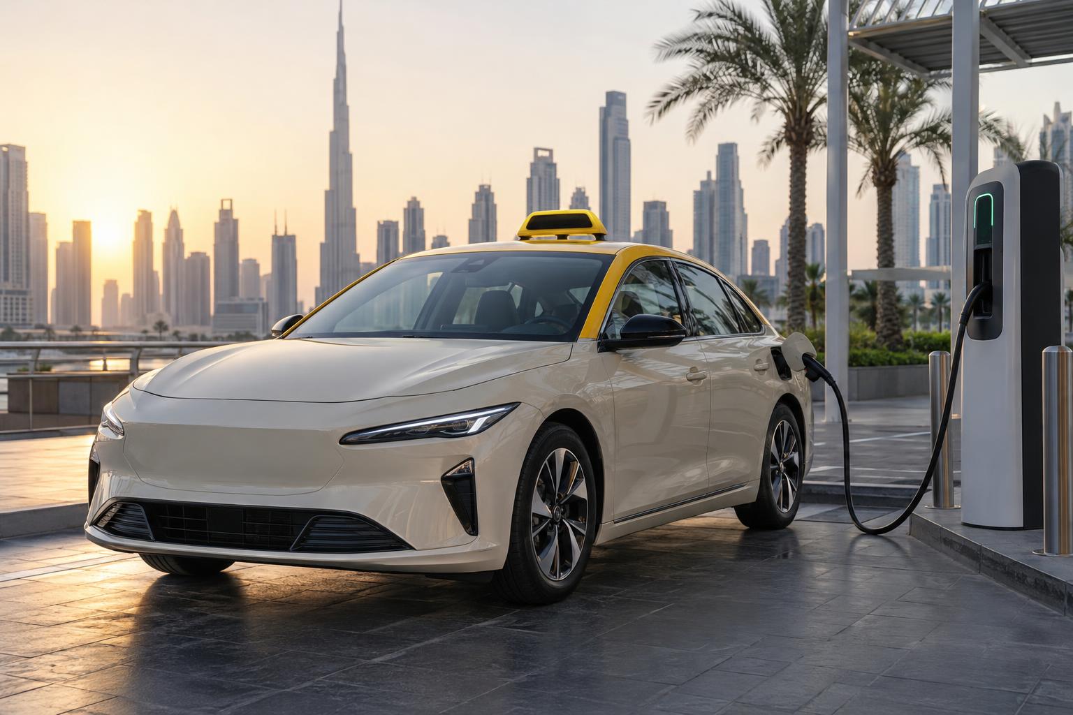 An electric taxi charging in a Dubai urban setting.
