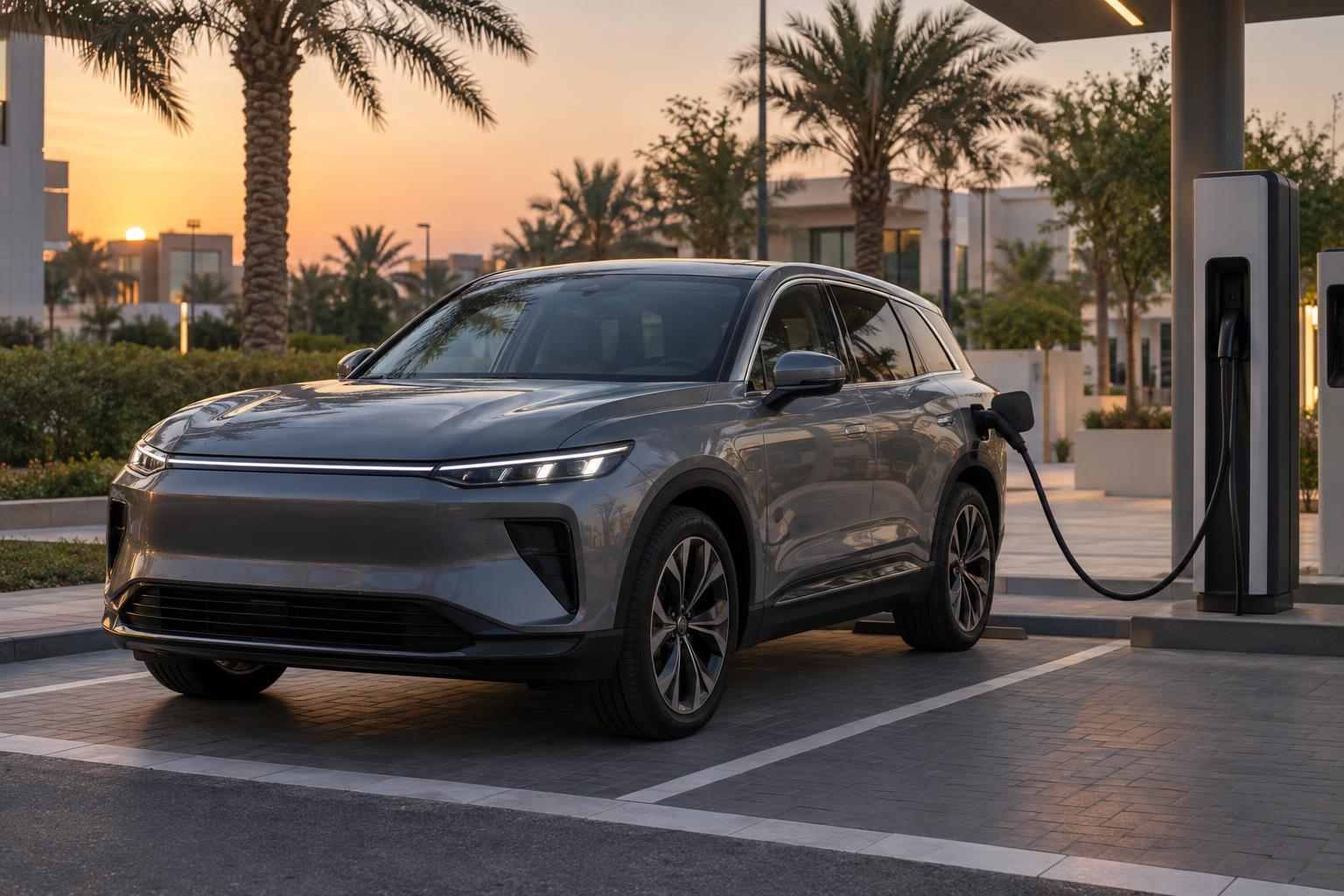 A premium electric SUV charges at a modern public charging hub in a Gulf city.