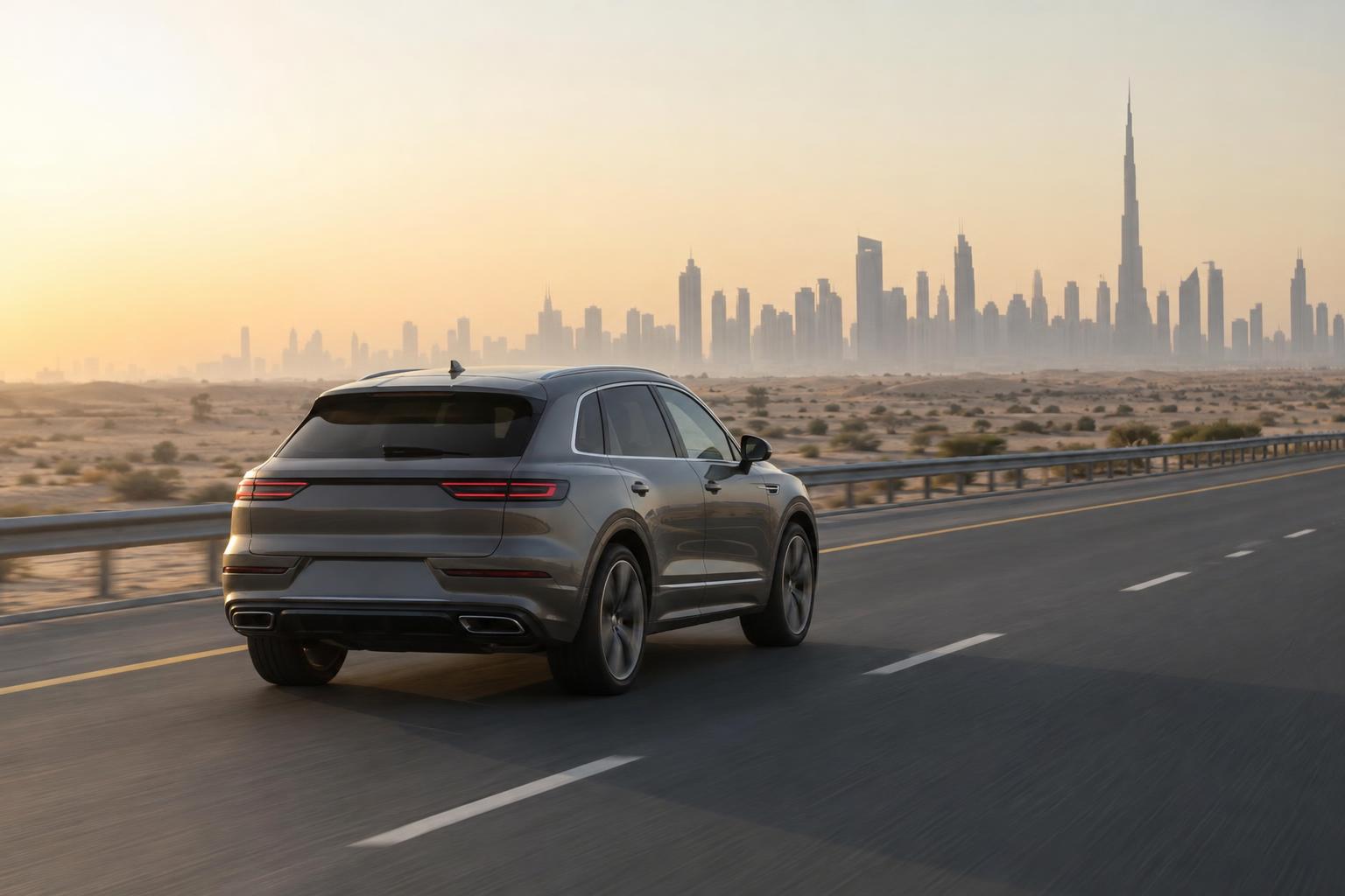 A generic premium electric SUV driving on a UAE desert highway in morning light.