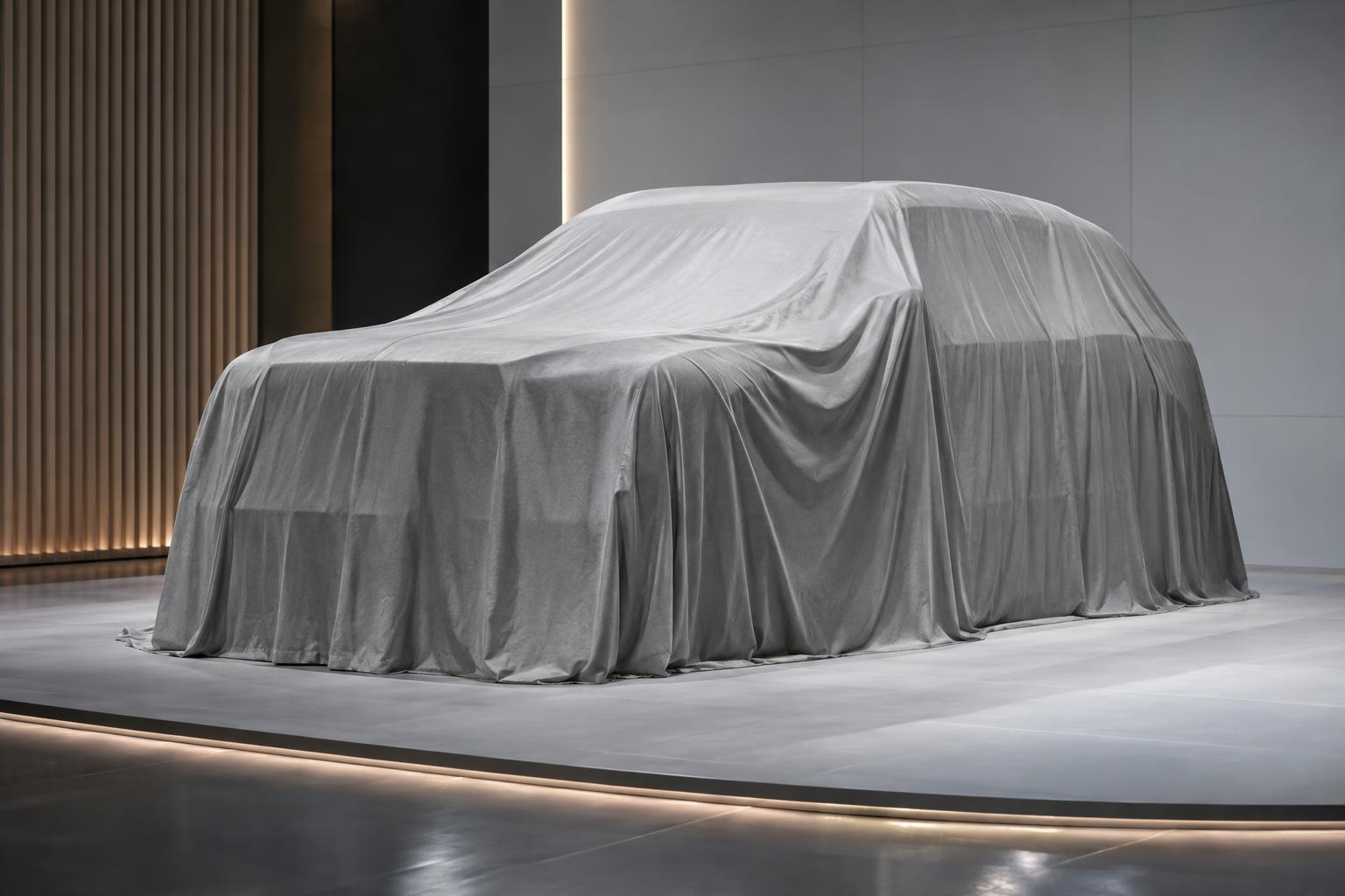 A fully covered luxury SUV on a minimalist indoor reveal stage.