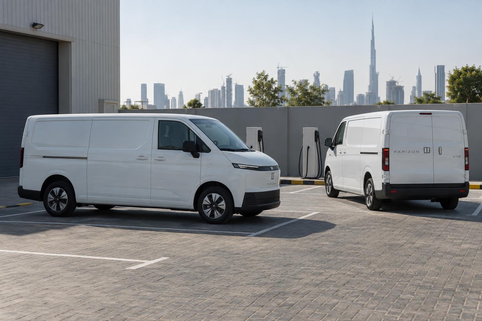 Two Farizon V7E electric vans parked at a UAE fleet depot with charging equipment nearby.