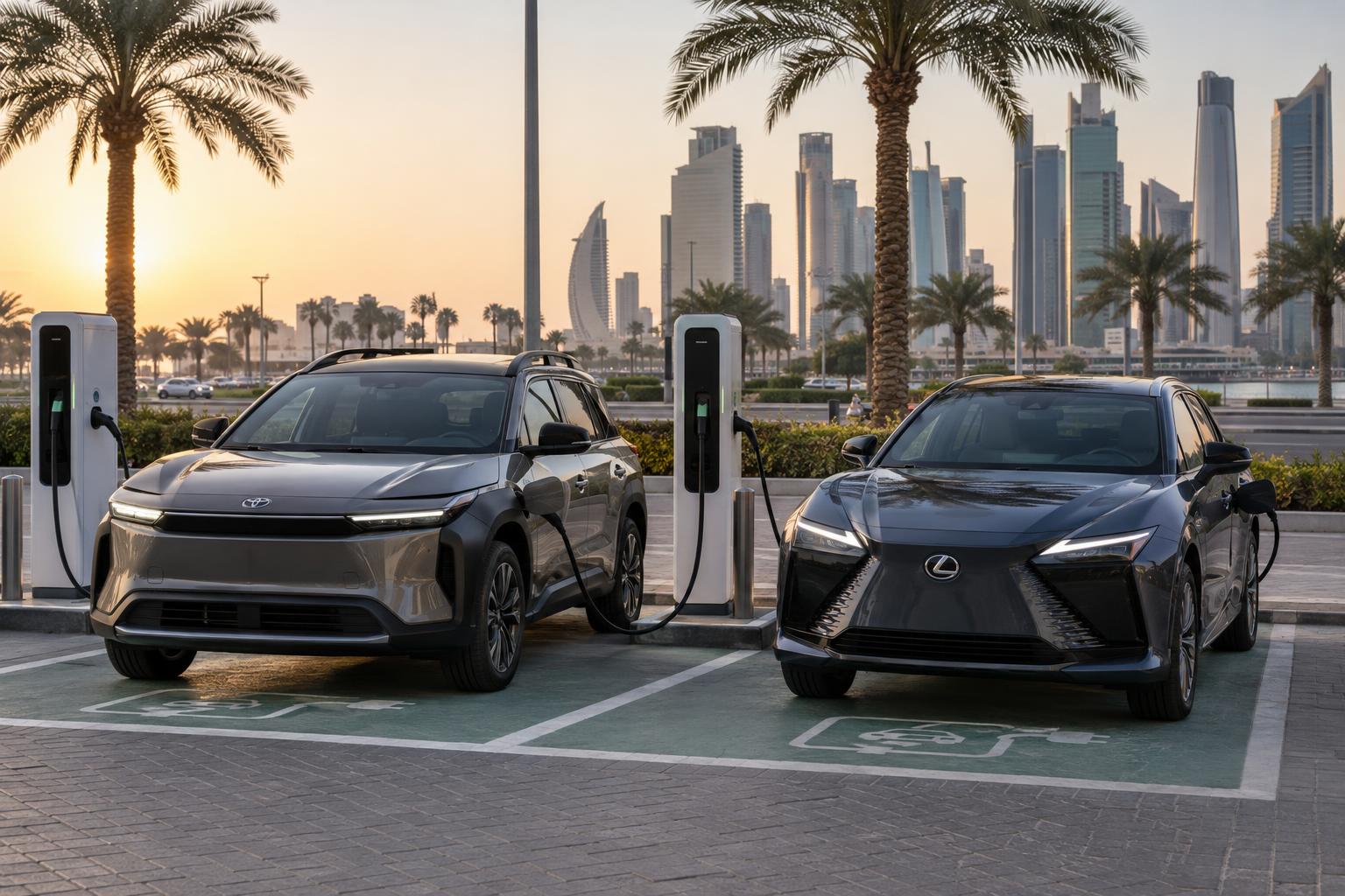 Toyota and Lexus electric SUVs charging at a public EV hub in Doha.