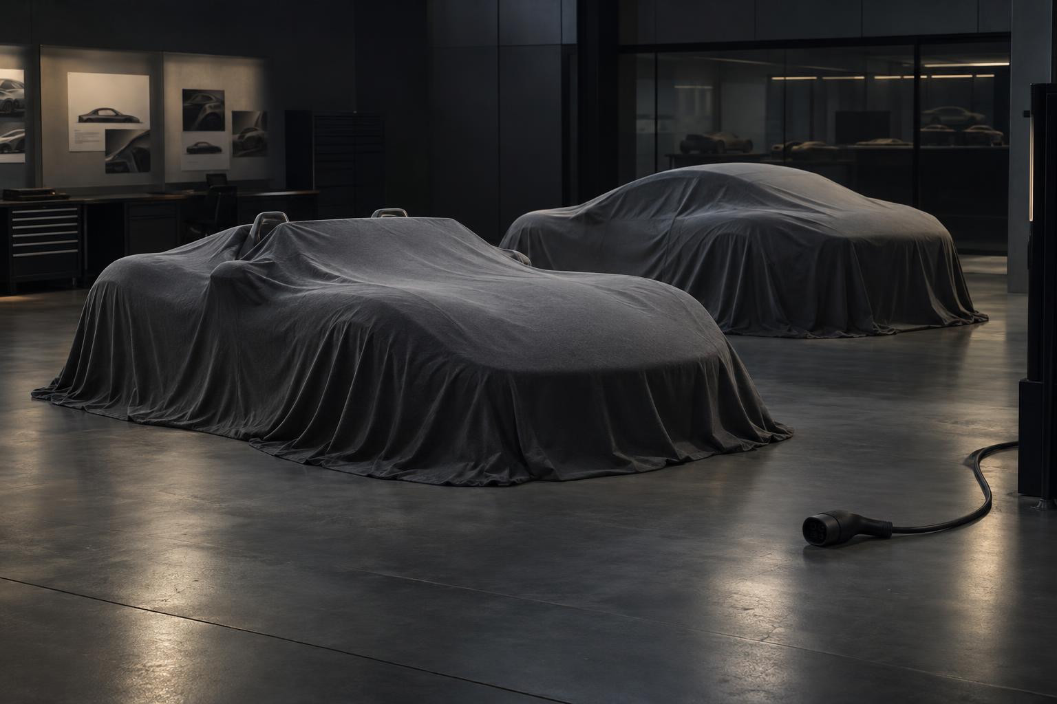 Covered roadster and coupe development forms beside an electric charging connector.