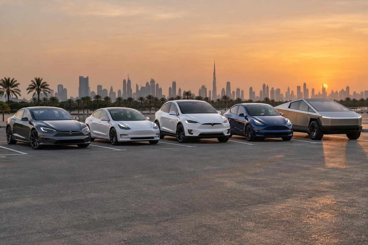 Model S, Model 3, Model X, Model Y and Cybertruck parked together in the UAE.