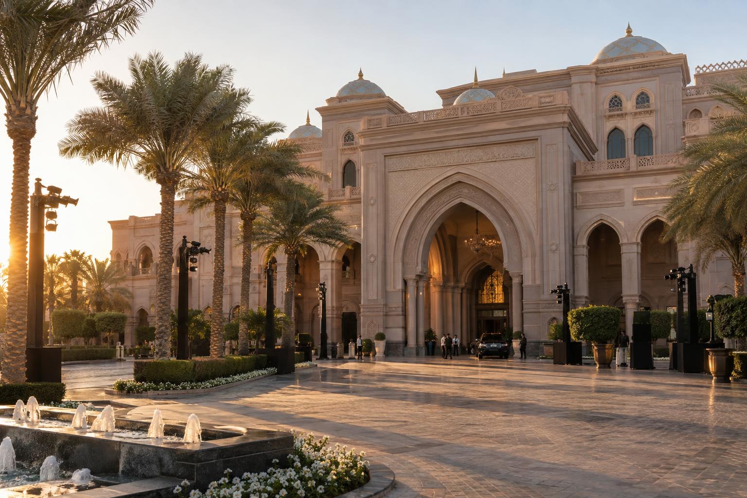 The exterior forecourt and domed architecture of Emirates Palace Mandarin Oriental in Abu Dhabi.
