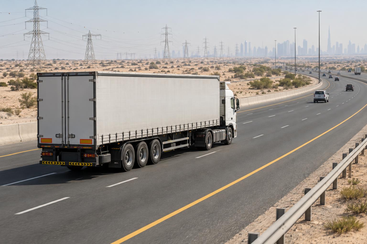 An articulated truck travels on an open Dubai motorway representing Emirates Road.