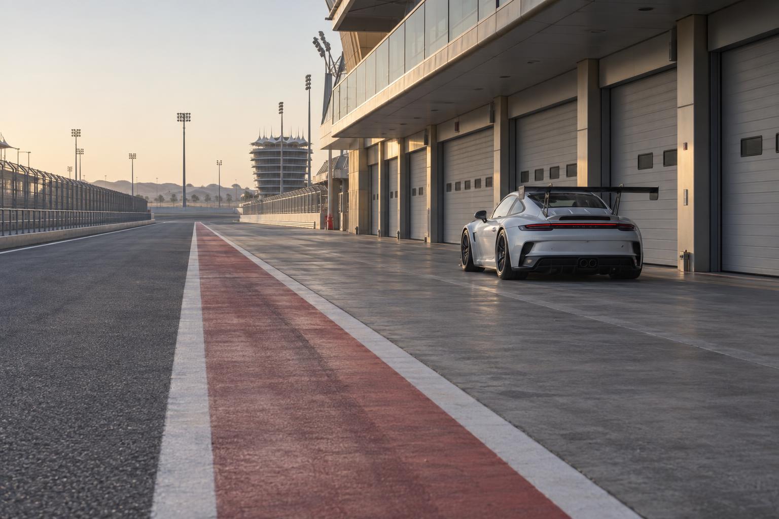 An empty Bahrain circuit pit lane with a Porsche Cup car parked in the distance.
