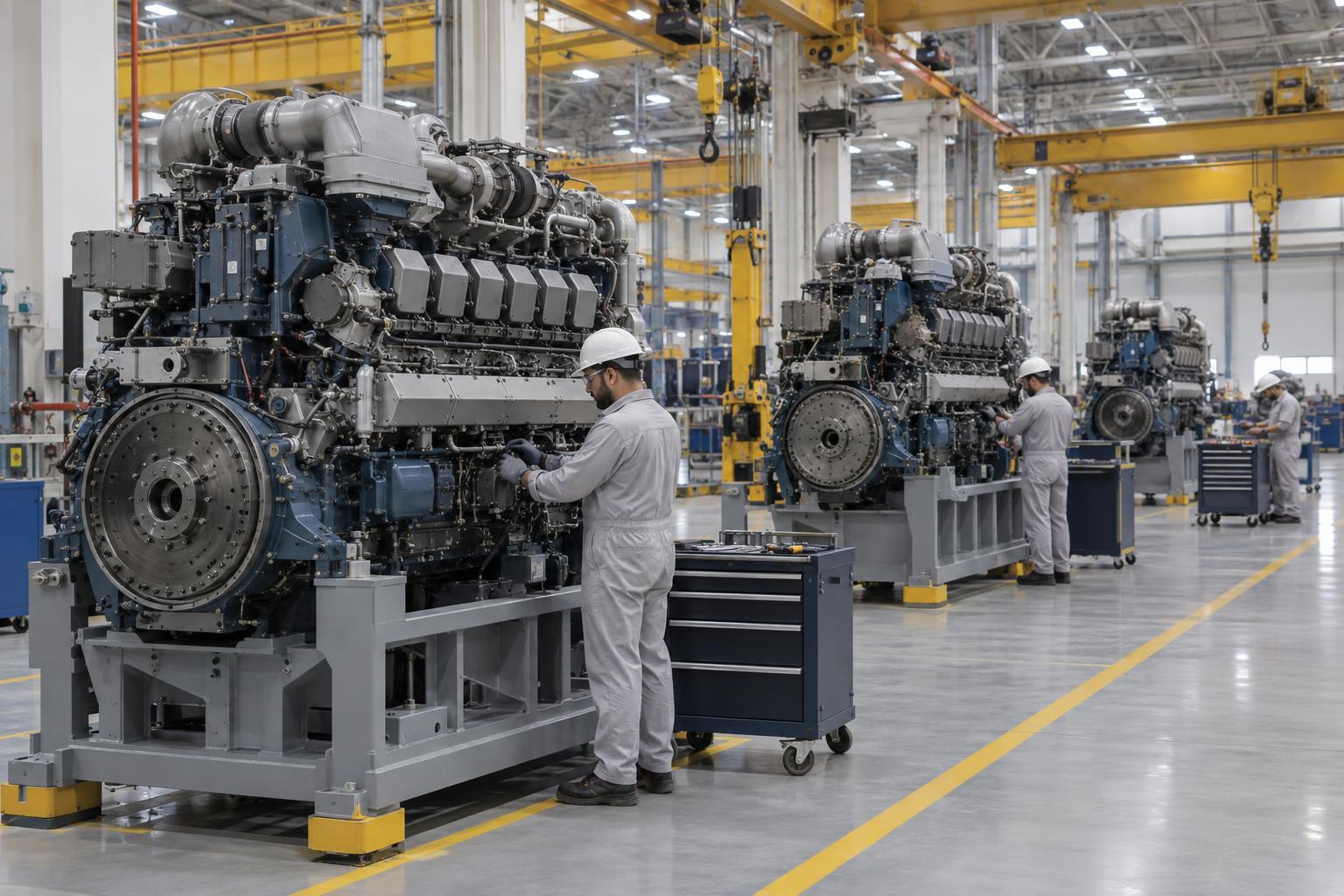 Technicians work along a high-speed engine assembly line in a Saudi factory.