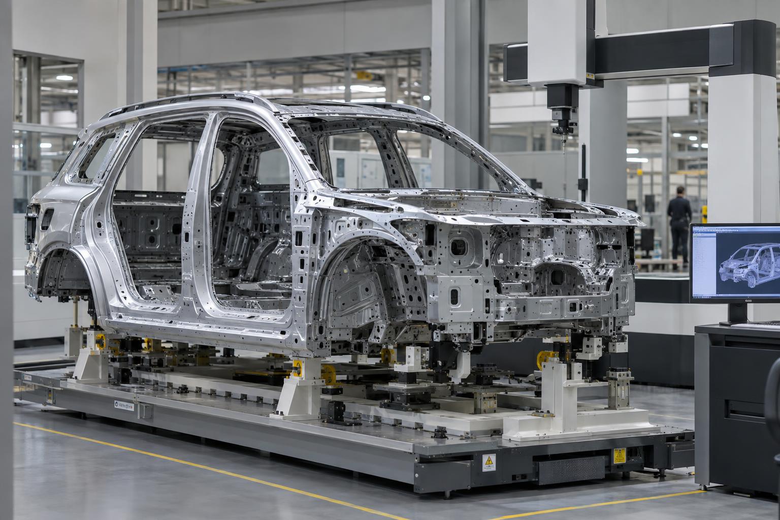 An EXEED ET8 body structure undergoing inspection in an automotive engineering facility.