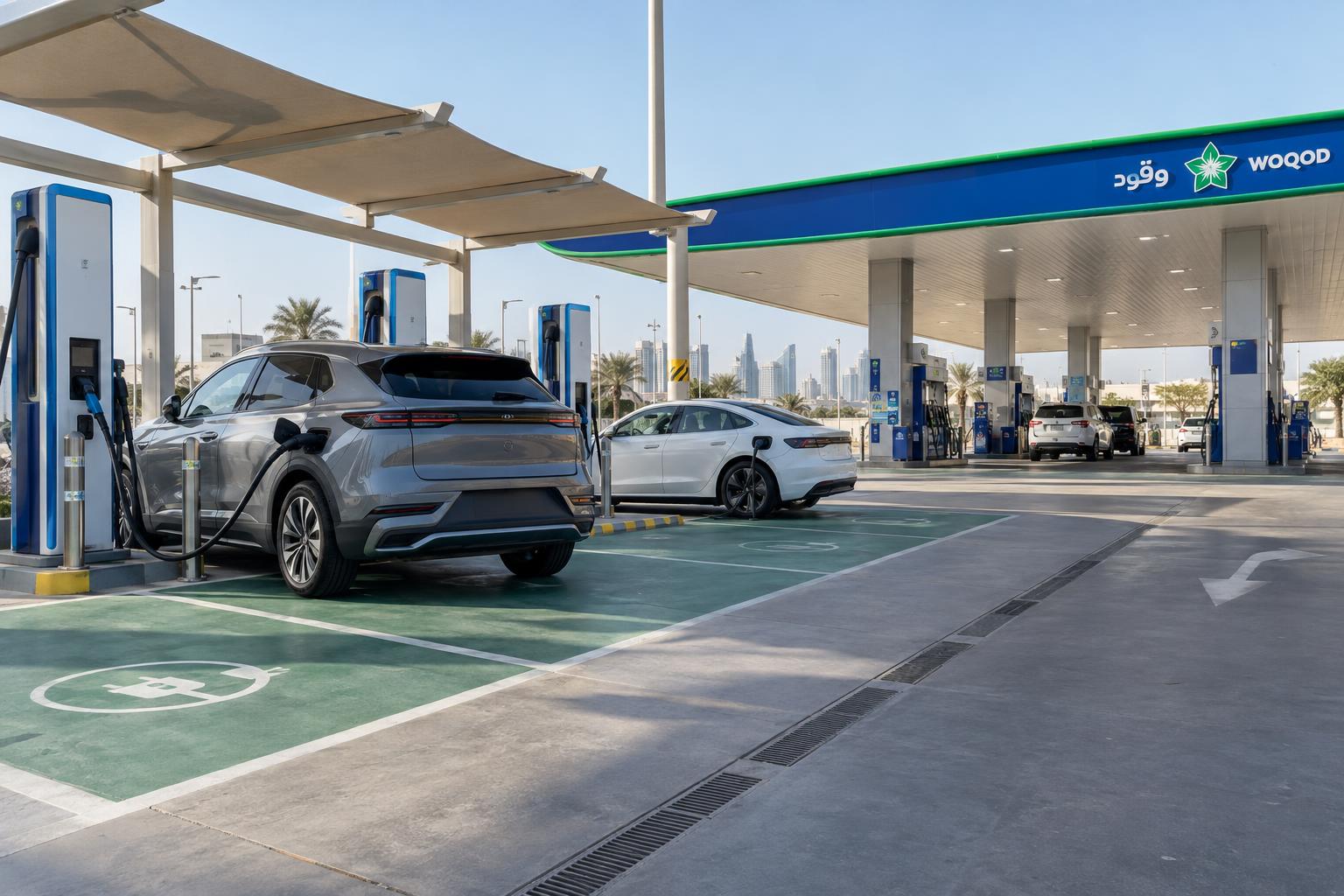 Dedicated EV charging bays integrated into a Qatar fuel-station forecourt.