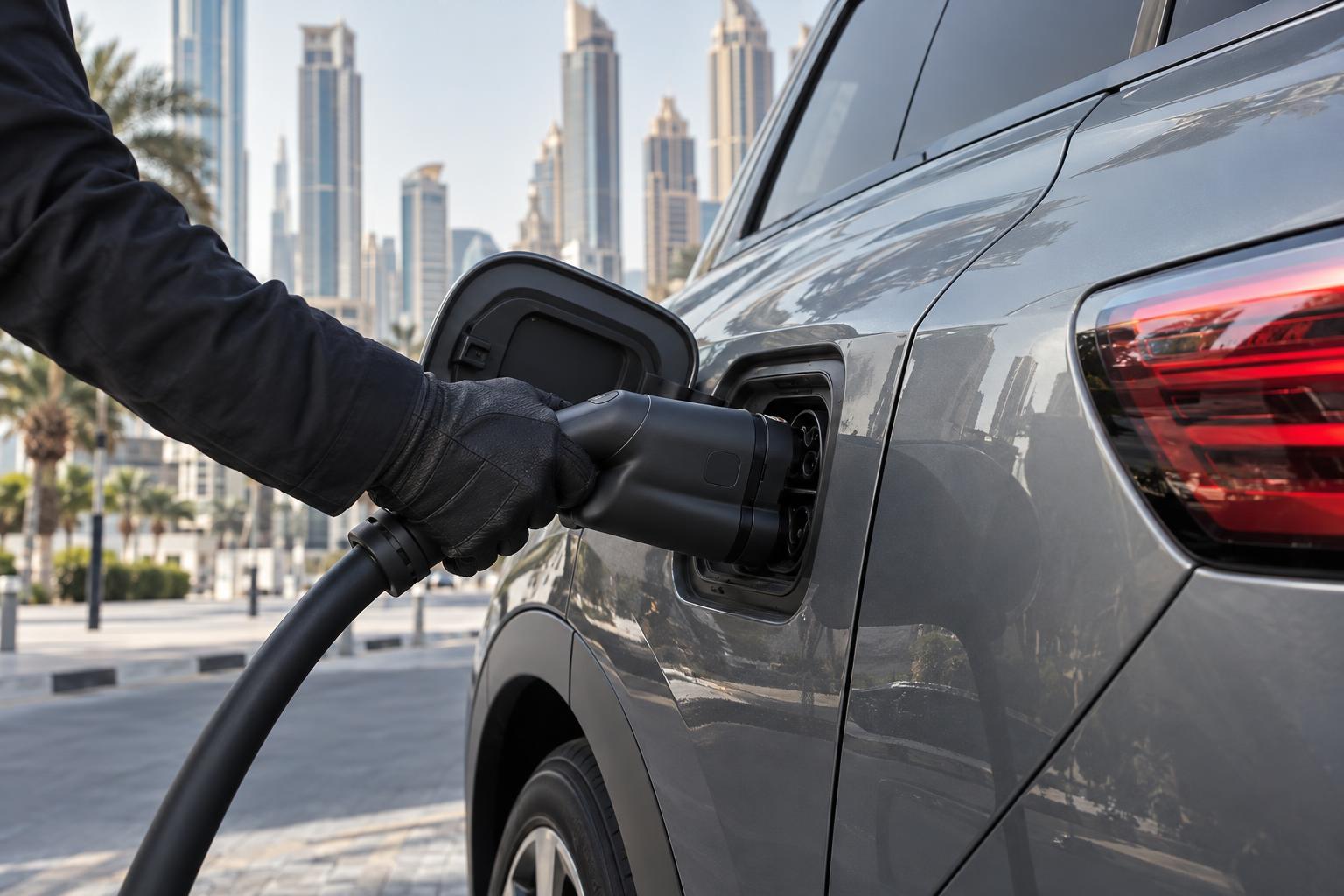 A driver connects a fast-charging cable to an electric vehicle charge port.