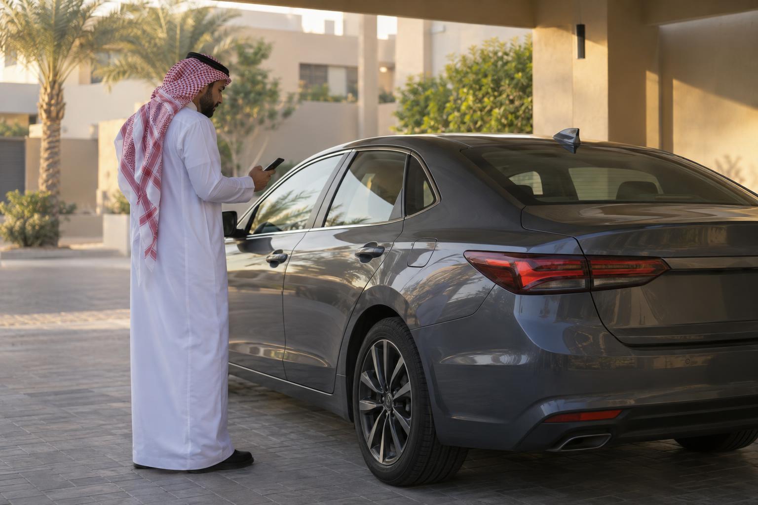 A Saudi motorist checks a phone beside a parked sedan.