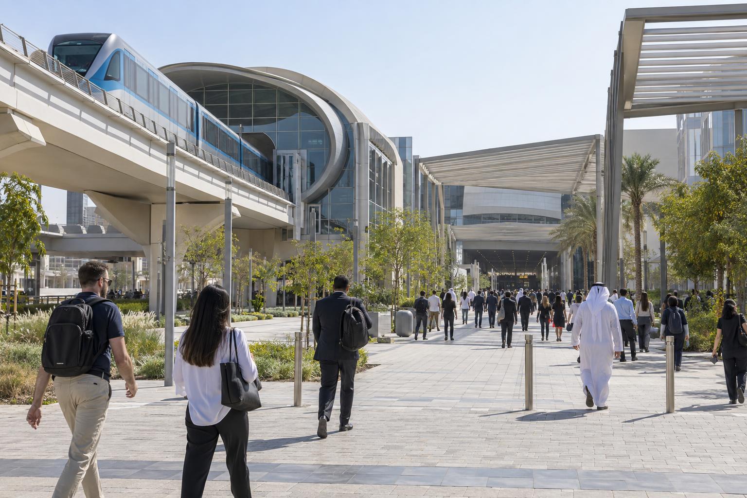 Visitors walk from a Dubai Metro station area toward Dubai Exhibition Centre at Expo City.