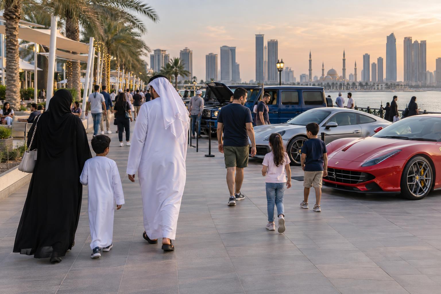 Families and car enthusiasts walk through an open-air vehicle display on a Sharjah waterfront promenade.