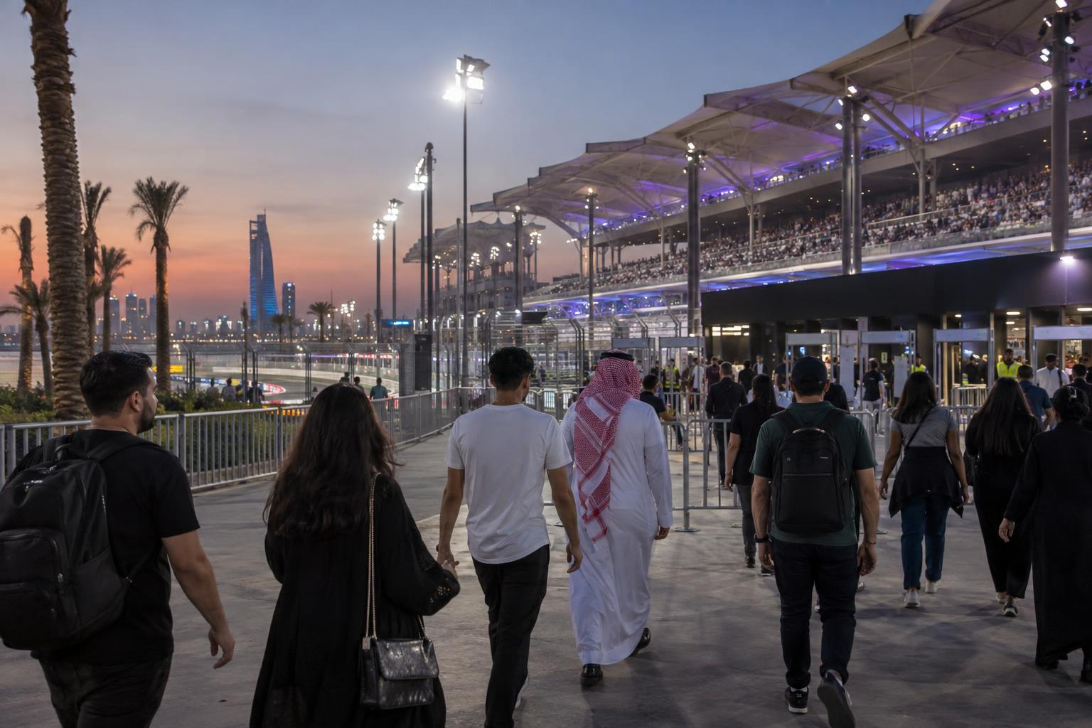 Spectators approach the grandstands for an evening Formula E event at the Jeddah Corniche Circuit.