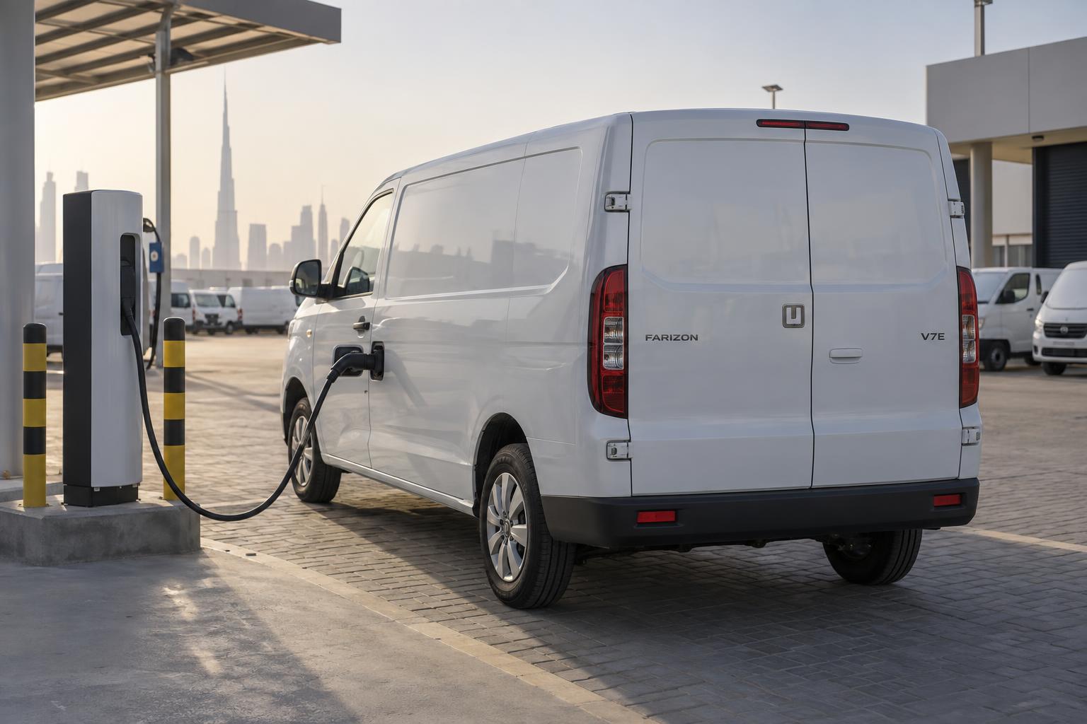 A Farizon V7E electric van connected to a charger at a UAE fleet depot.