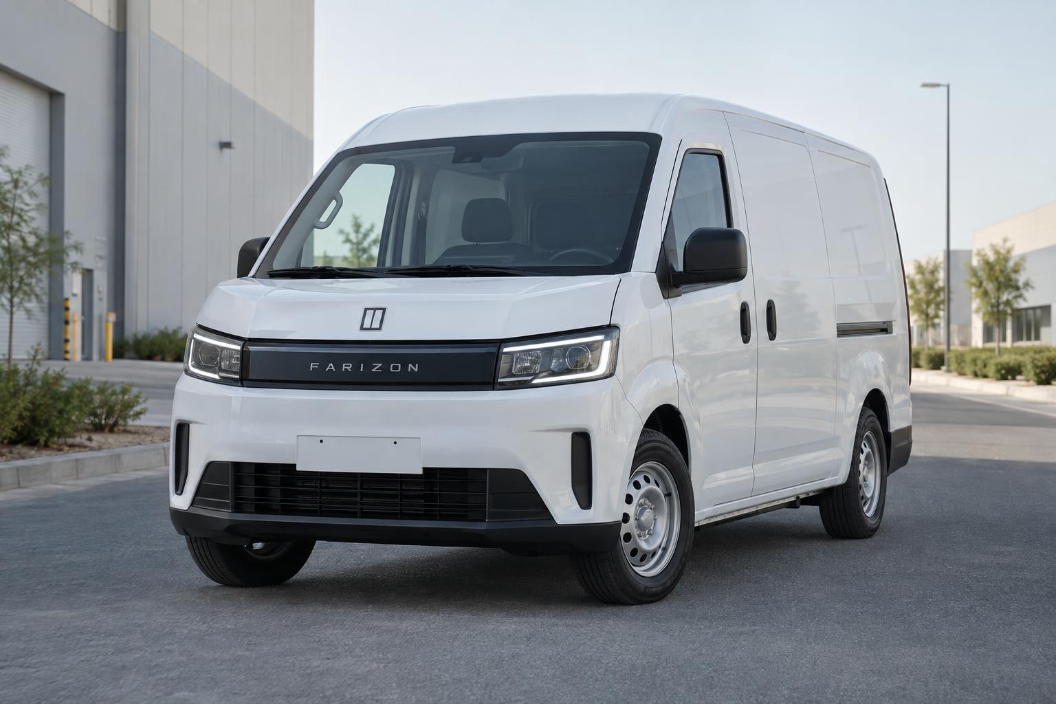 Front three-quarter view of a Farizon V7E electric panel van on a UAE logistics-park road.