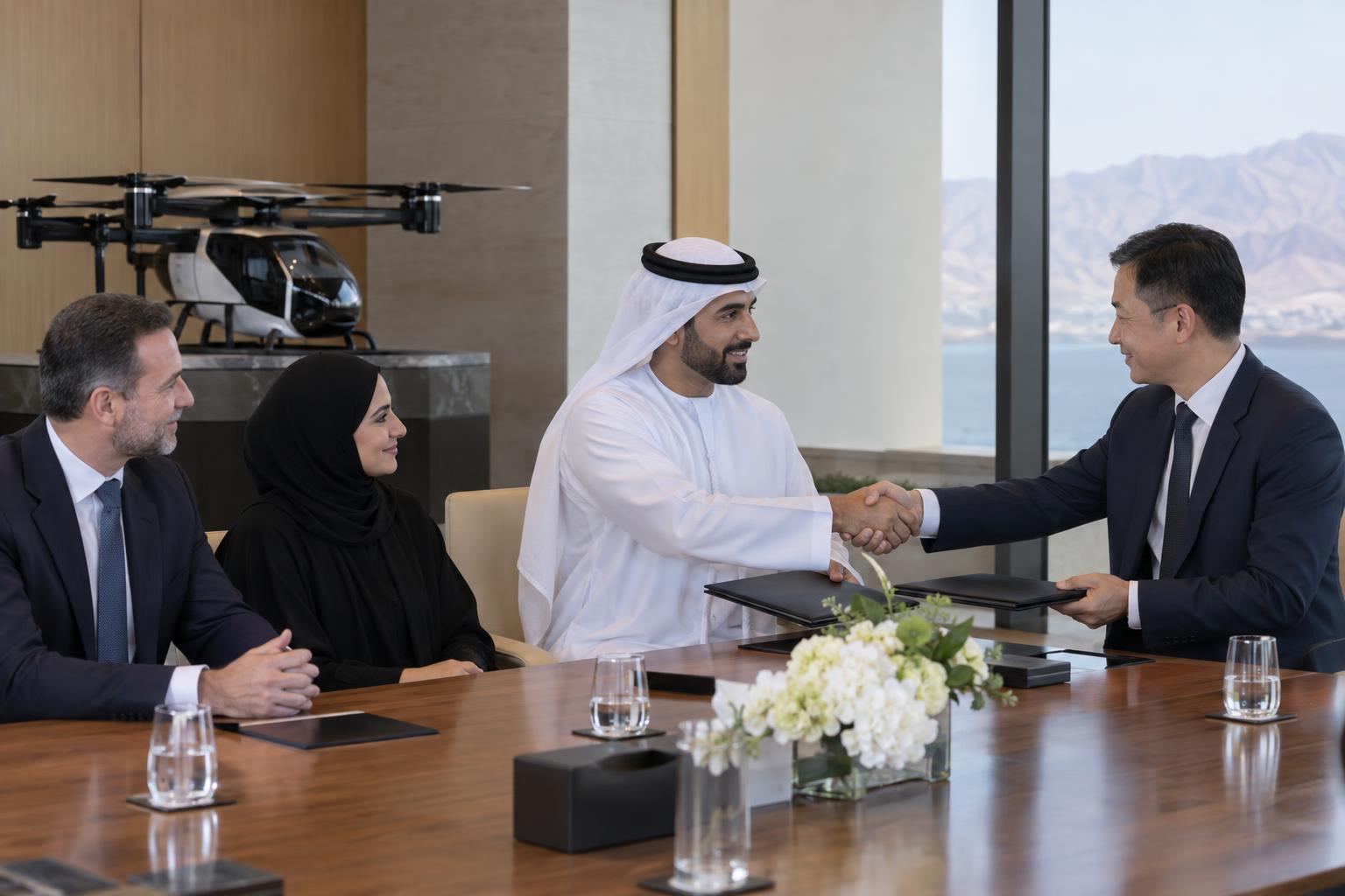 Representatives complete a formal signing beside a scale model of an ARIDGE flying-car system.