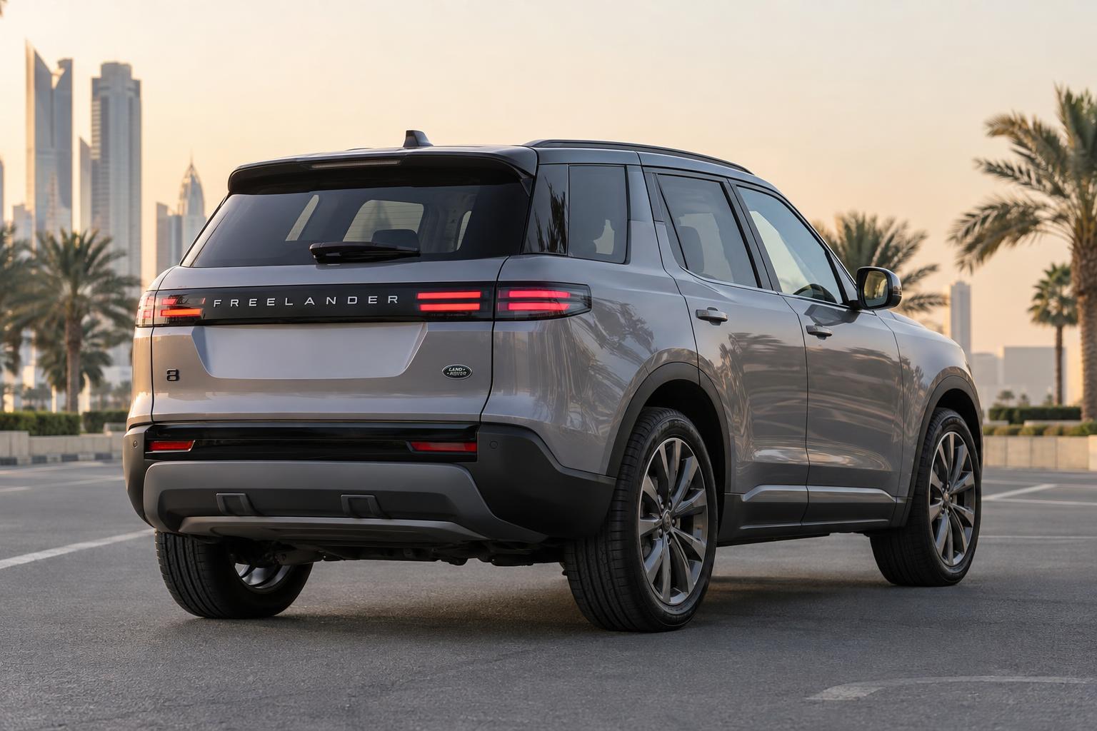 Rear three-quarter view of the FREELANDER 8 on a modern Middle Eastern road.