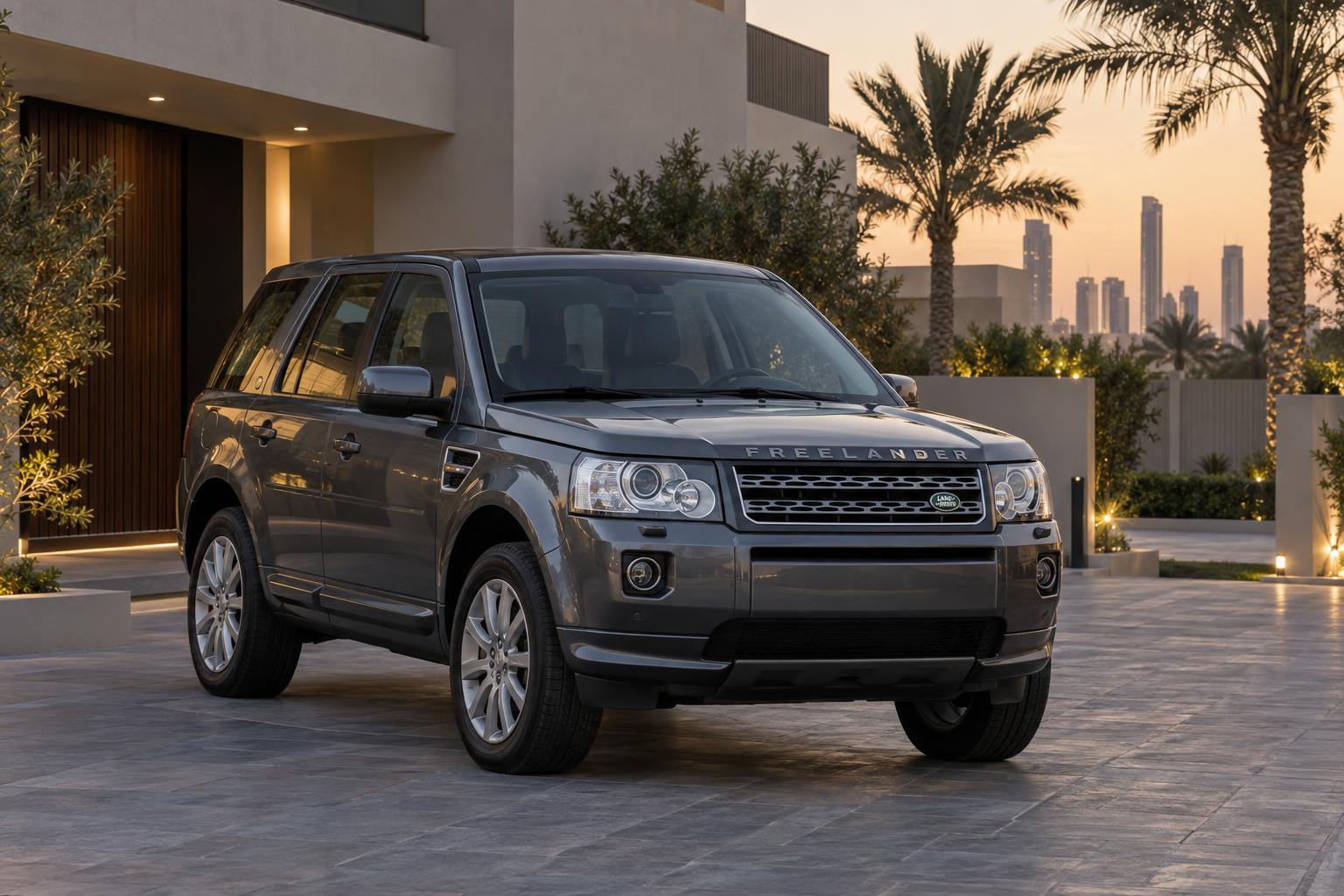 A FREELANDER SUV parked outside a contemporary Gulf home at early evening.