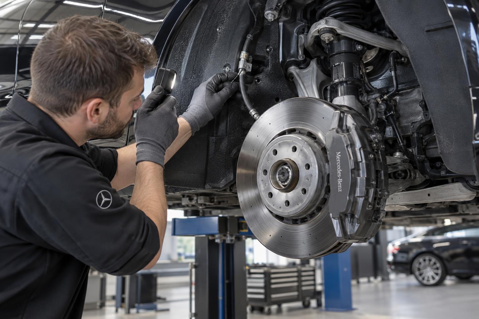 A technician inspects the flexible front brake hose and brake components on a lifted Mercedes S-Class.