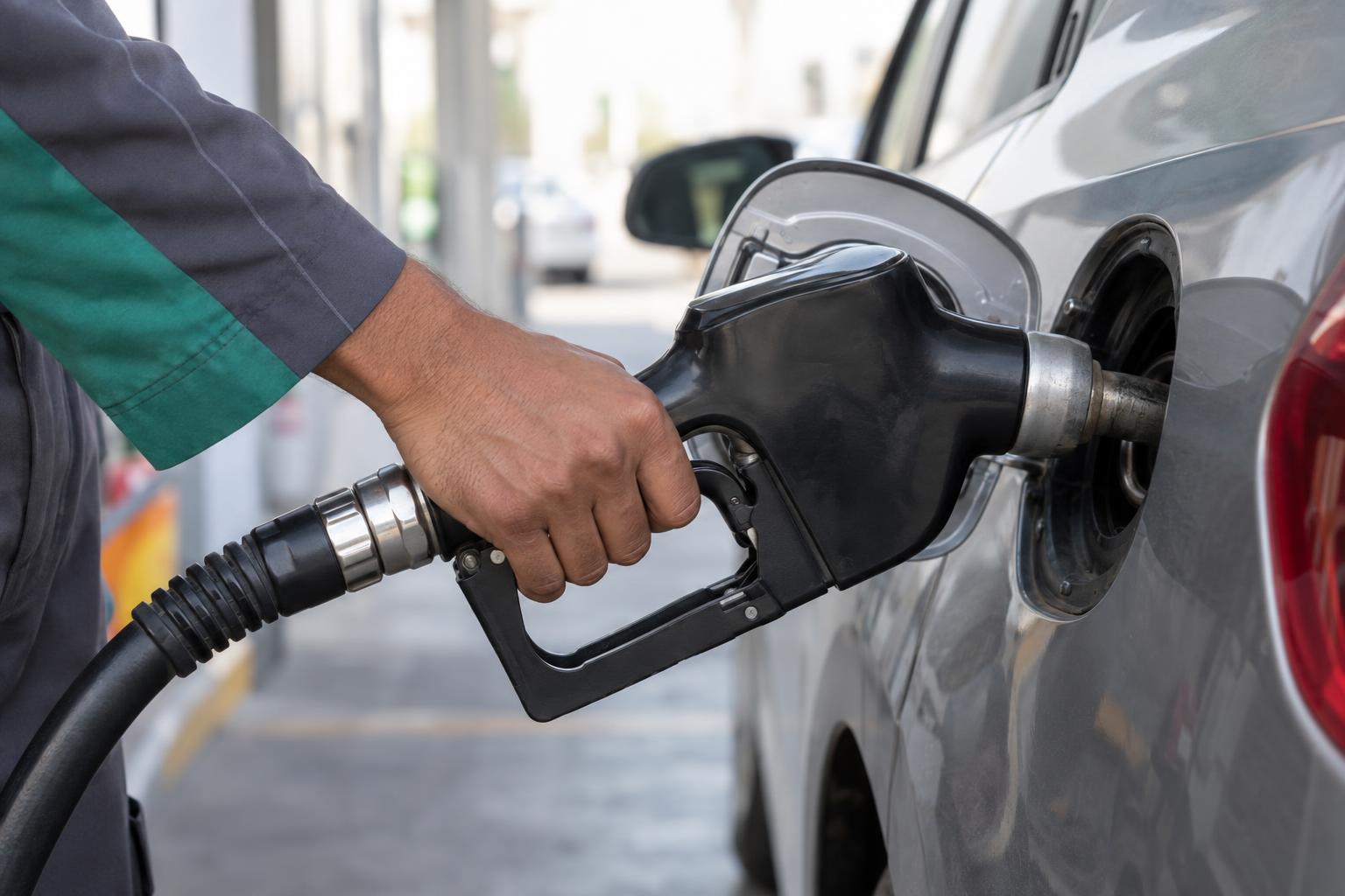 Close view of a fuel nozzle being used at a UAE petrol station.