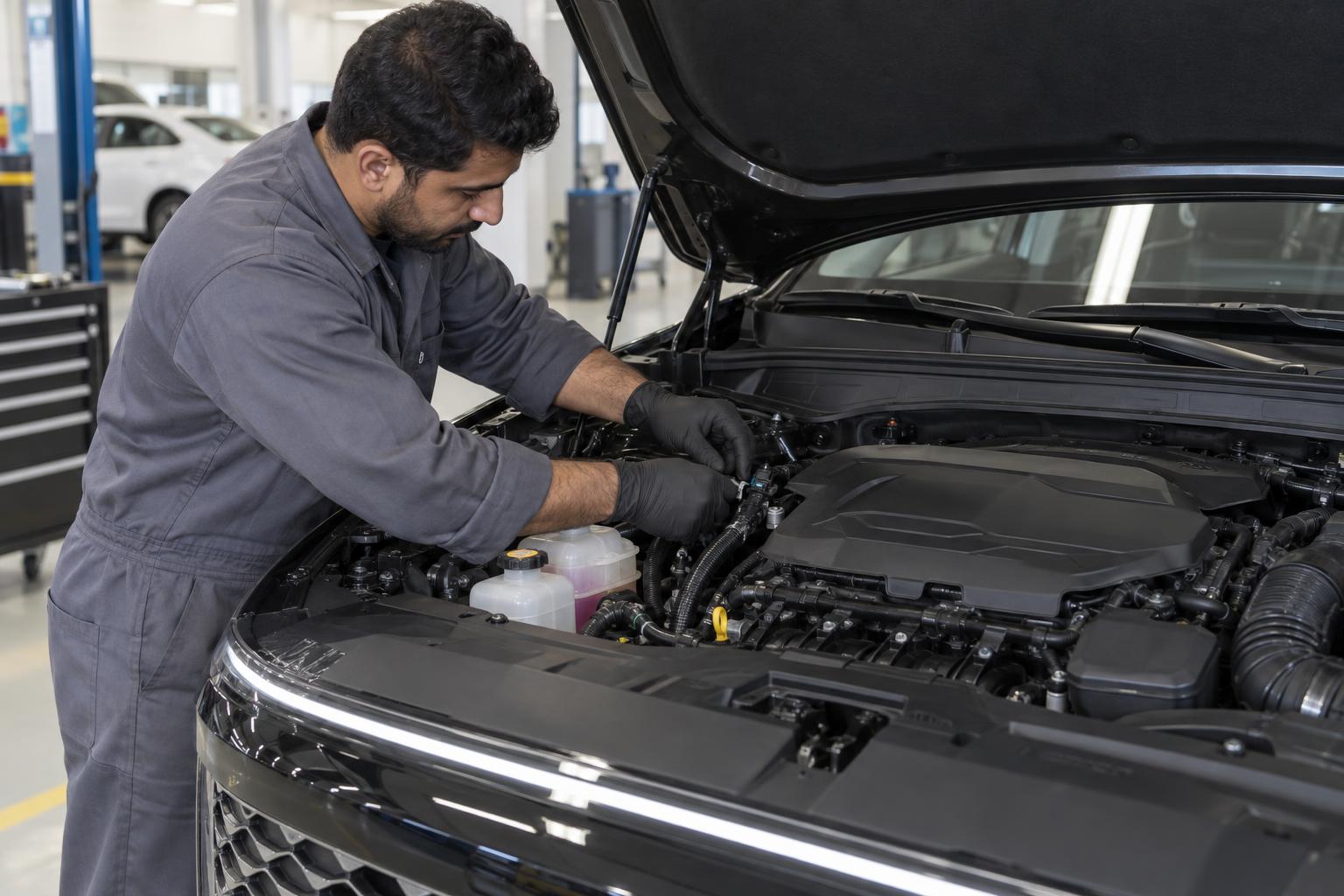 A technician inspecting a fuel-line connection in a Hyundai Azera engine bay.