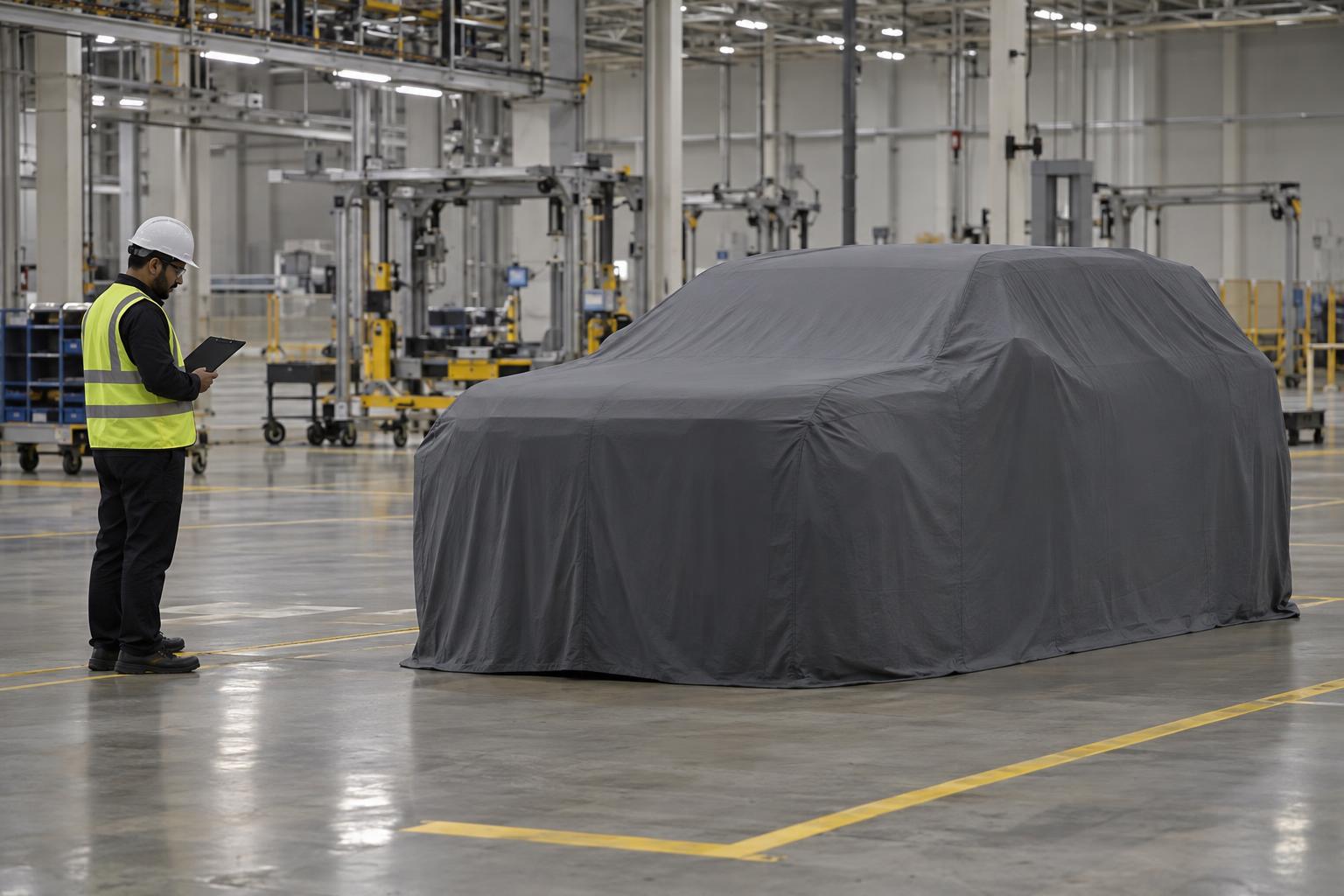 A covered SUV-sized development buck in a factory planning area with unused assembly stations behind it.