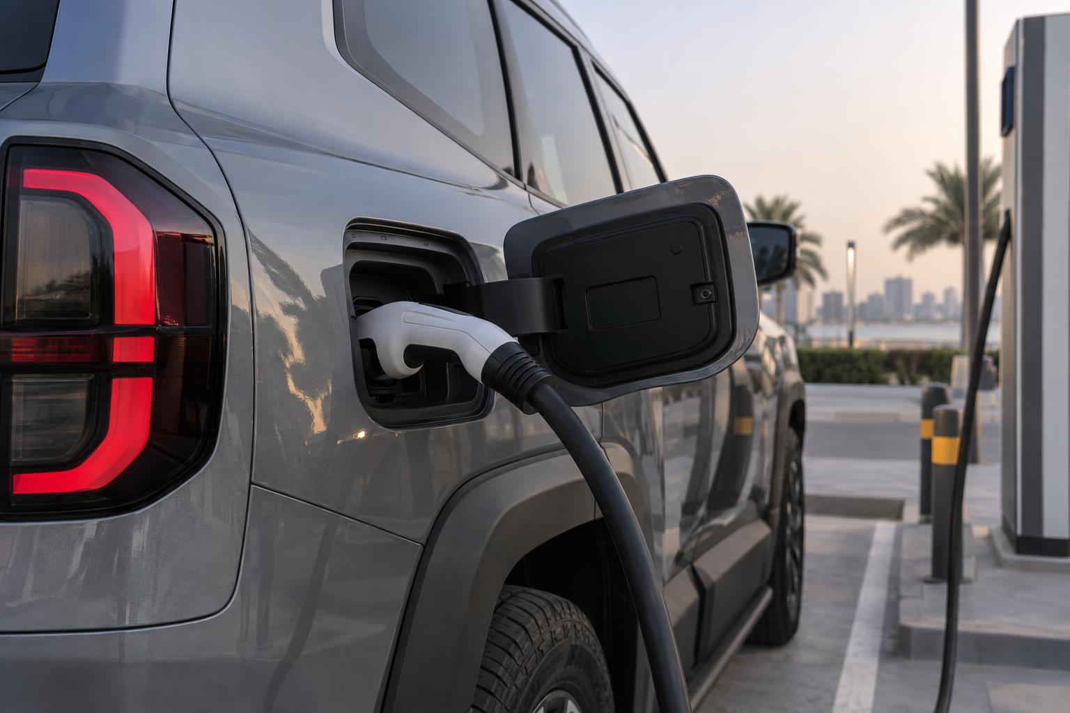 A DEEPAL G318 connected to an EV charger at a modern charging bay.