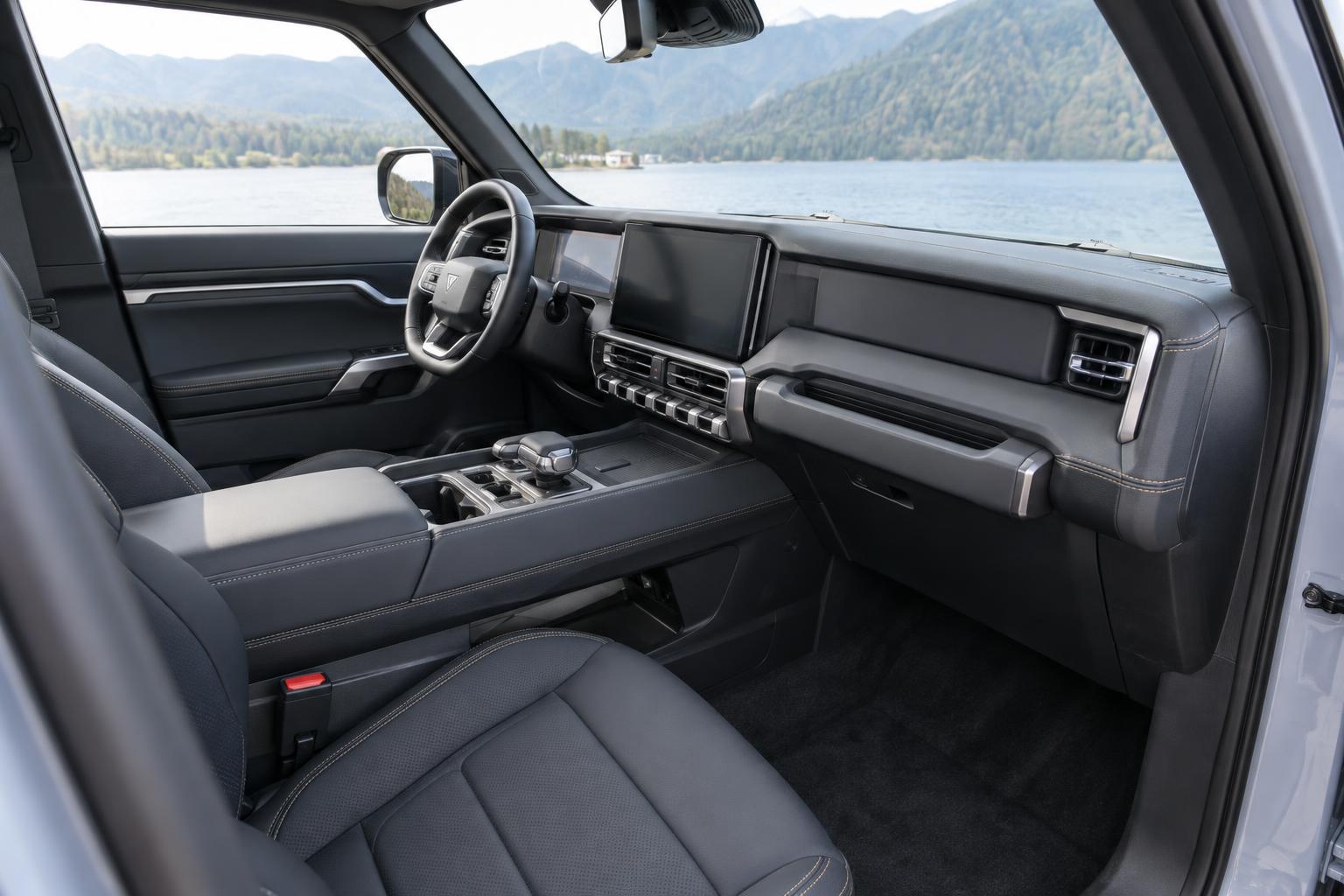 Front cabin view of the DEEPAL G318 showing its dashboard, centre console, and front seats.