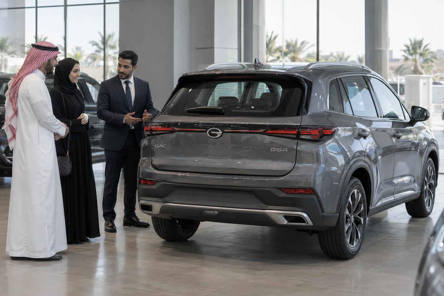 A 2026 GAC GS4 during a customer handover at a Saudi dealership.
