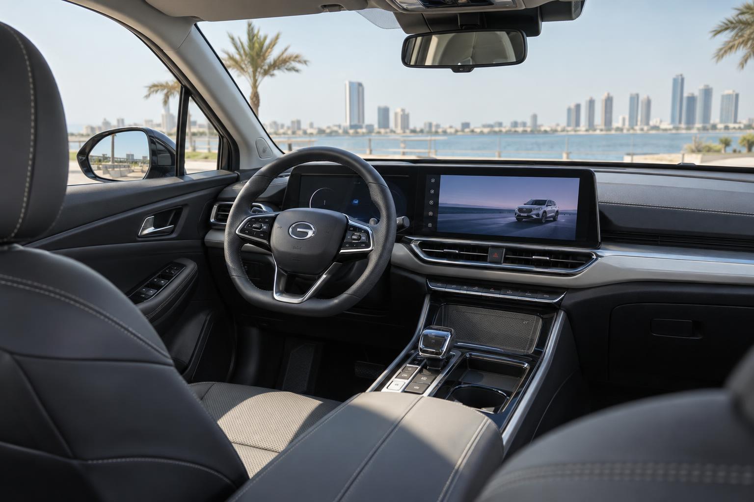 View of the 2026 GAC GS4 dashboard, steering wheel and centre console.