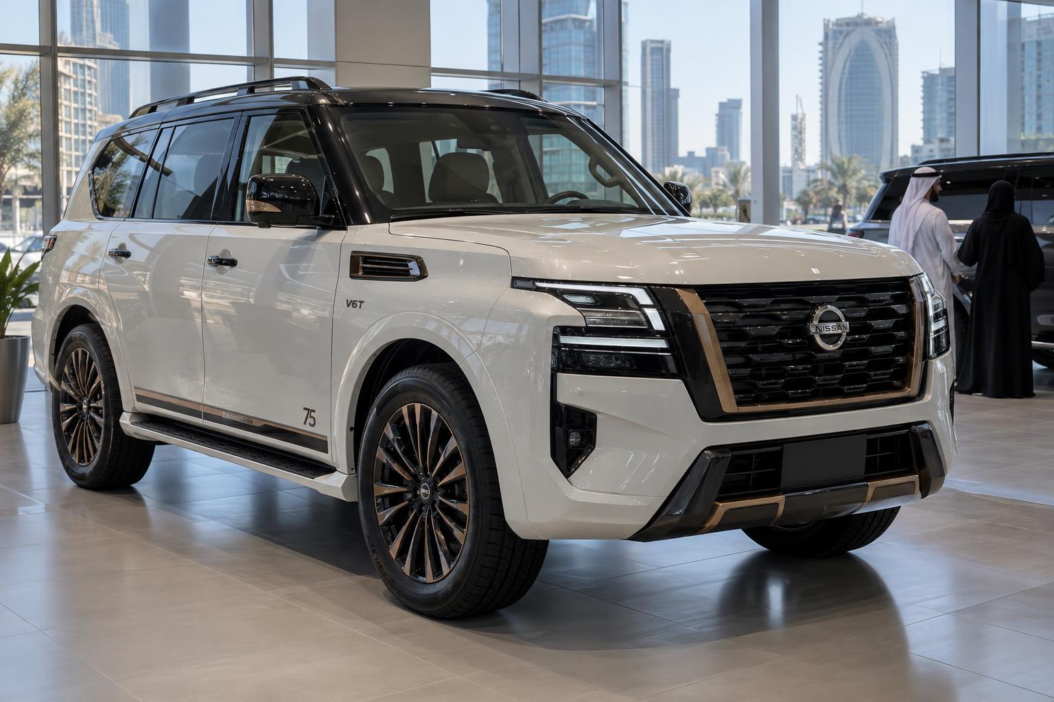 Nissan Patrol 75th Anniversary Edition displayed in a modern Gulf-region showroom.
