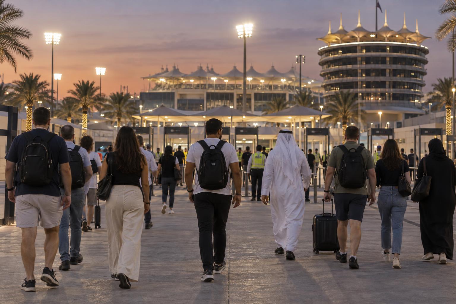 Motorsport fans walk toward a floodlit Gulf race circuit entrance at dusk.