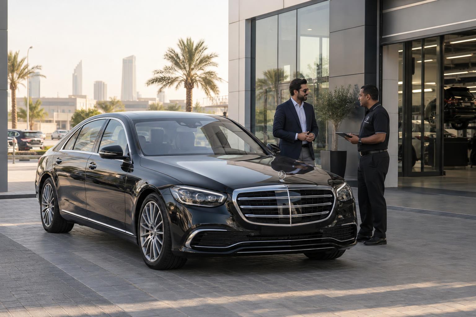An S-Class owner consults a service adviser outside a Gulf-region Mercedes dealership.