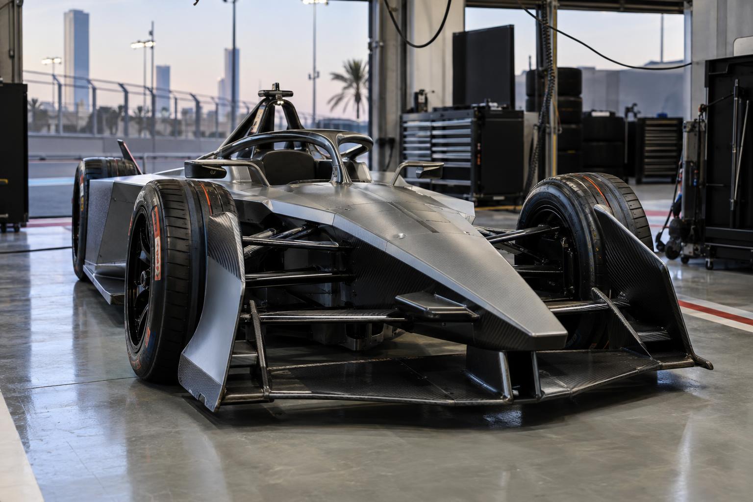 A close front three-quarter view of a GEN4 Formula E race car in a Jeddah pit garage.