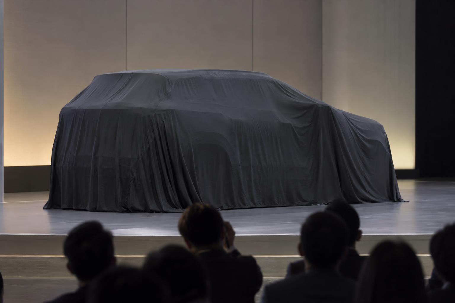 A covered crossover on stage at an automotive user summit in China.
