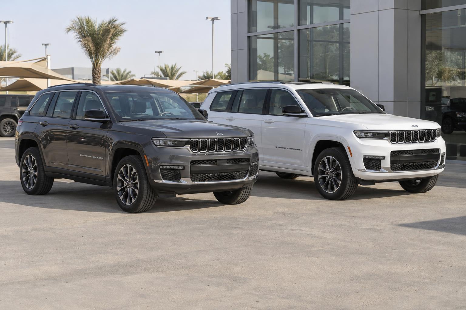 Jeep Grand Cherokee and longer Grand Cherokee L models parked together.