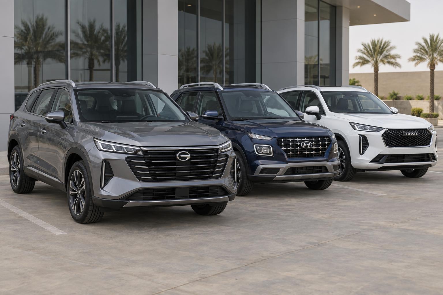 A GAC GS4 parked with a Hyundai Venue and Haval Jolion for a size and market comparison.