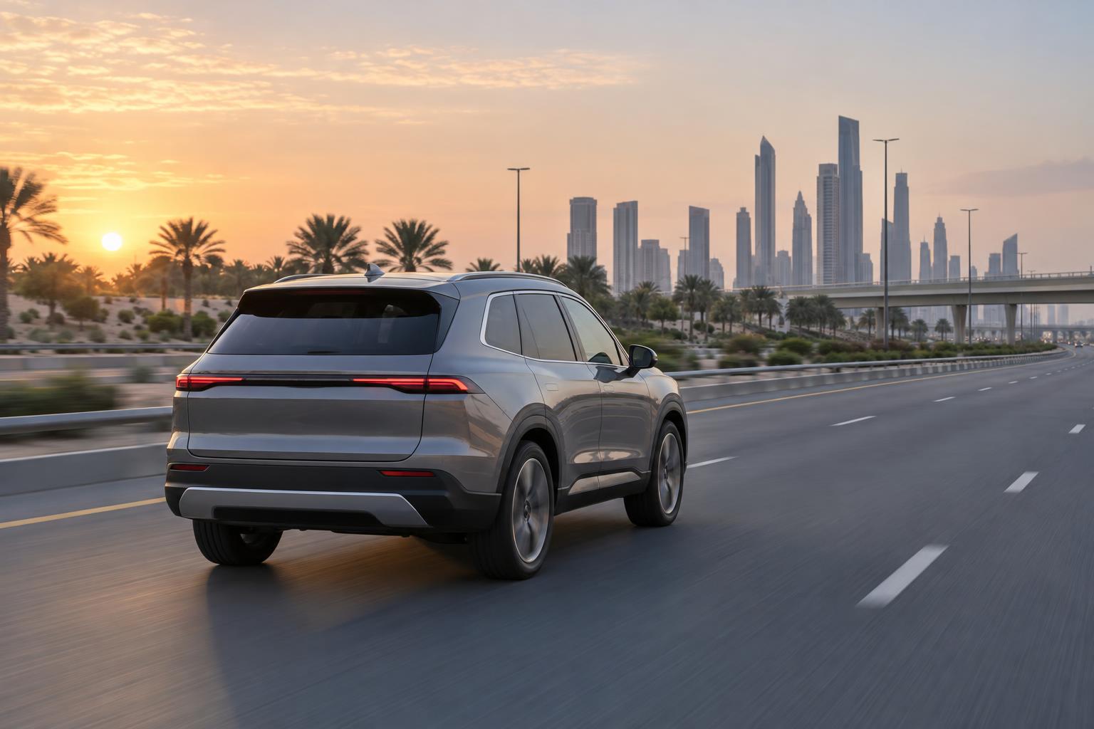 An unbranded SUV driving on a modern Gulf highway at dawn.